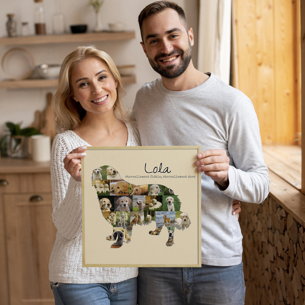 Collage photo personnalisé en forme de golden retriever, dans un cadre clair, cadeau pour un amoureux des chiens.