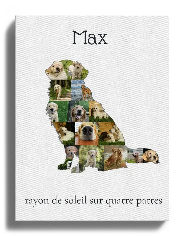 Pêle-mêle photo sur toile en silhouette de golden retriever assis, avec prénom et texte personnalisés sur fond blanc