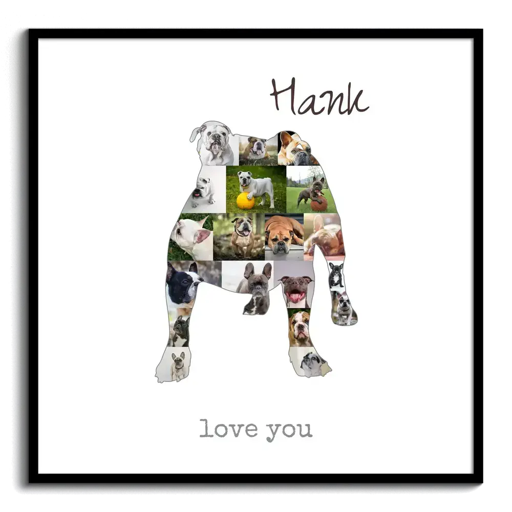 Collage photo en silhouette de Old English Bulldog debout, avec prénom et petit texte, dans un cadre noir