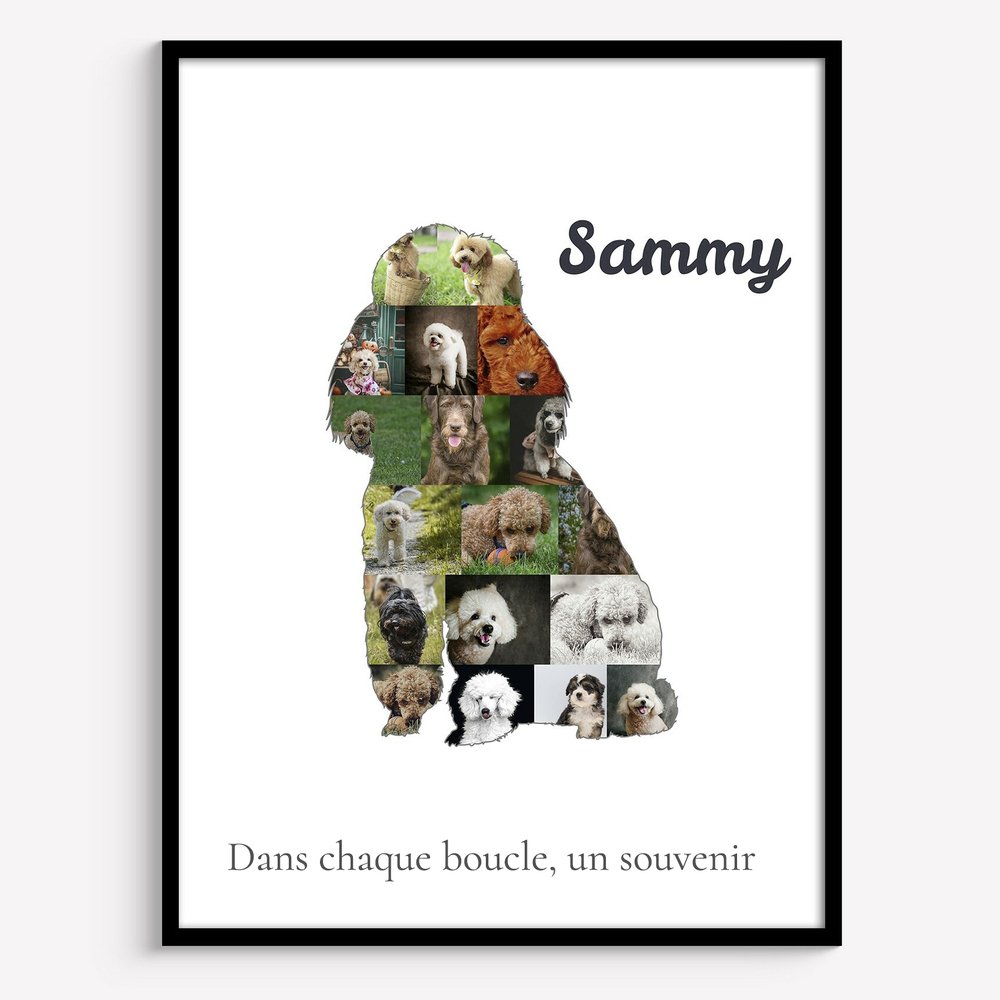 Collage photo en silhouette de caniche assis, avec nom et message sur fond blanc, encadré en noir, vu de près