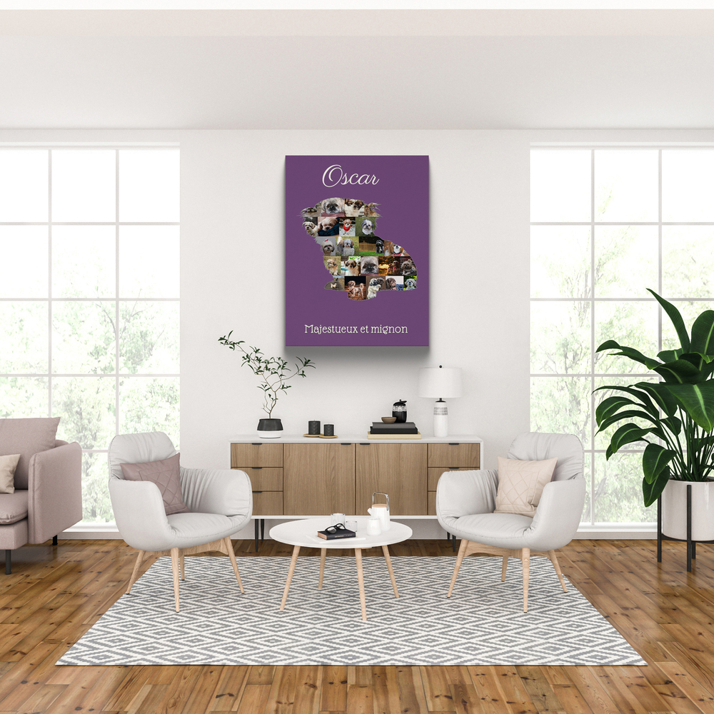 Tableau photo personnalisé en silhouette de shih tzu sur fond violet, au-dessus d’un buffet dans un salon lumineux