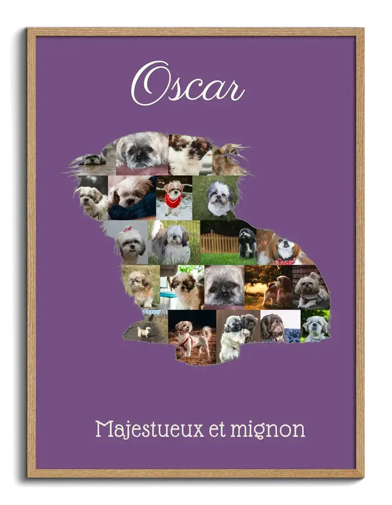 Pêle-mêle photo en silhouette de shih tzu sur fond violet, avec nom et petit texte, dans un cadre en bois naturel