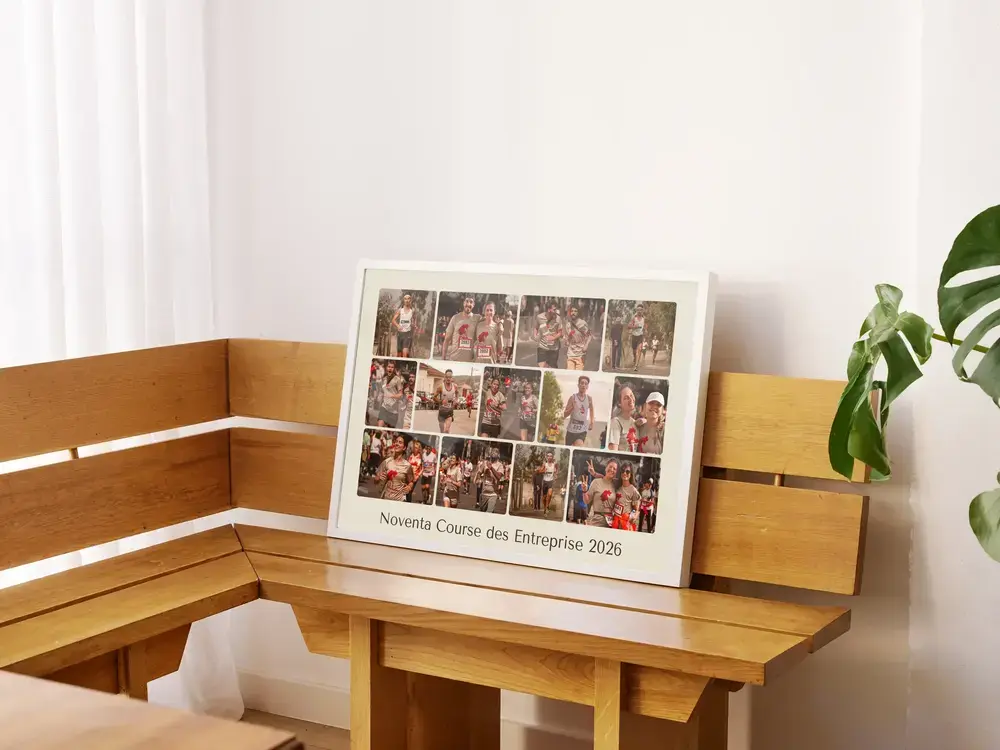 Collage photo de course d’entreprise en cadre blanc sur un banc en bois, cadeau pour les collègues