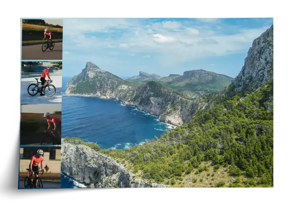 Poster pêle-mêle de cyclisme horizontal, avec grand panorama côtier et quatre petites photos à gauche