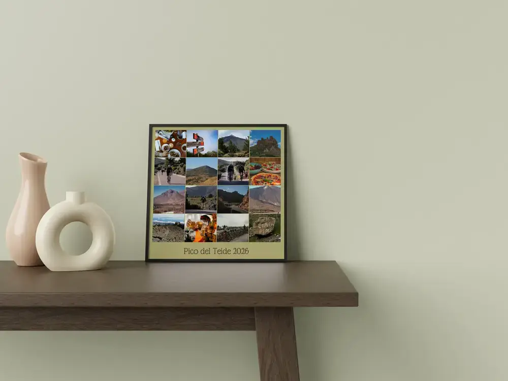 Pêle-mêle de cyclisme encadré avec texte, sur une table près de vases, un cadeau personnalisé pour passionné de vélo