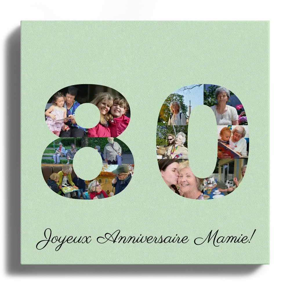 Collage de 12 photos formant le nombre 80 sur toile vert clair, avec un message d’anniversaire pour mamie