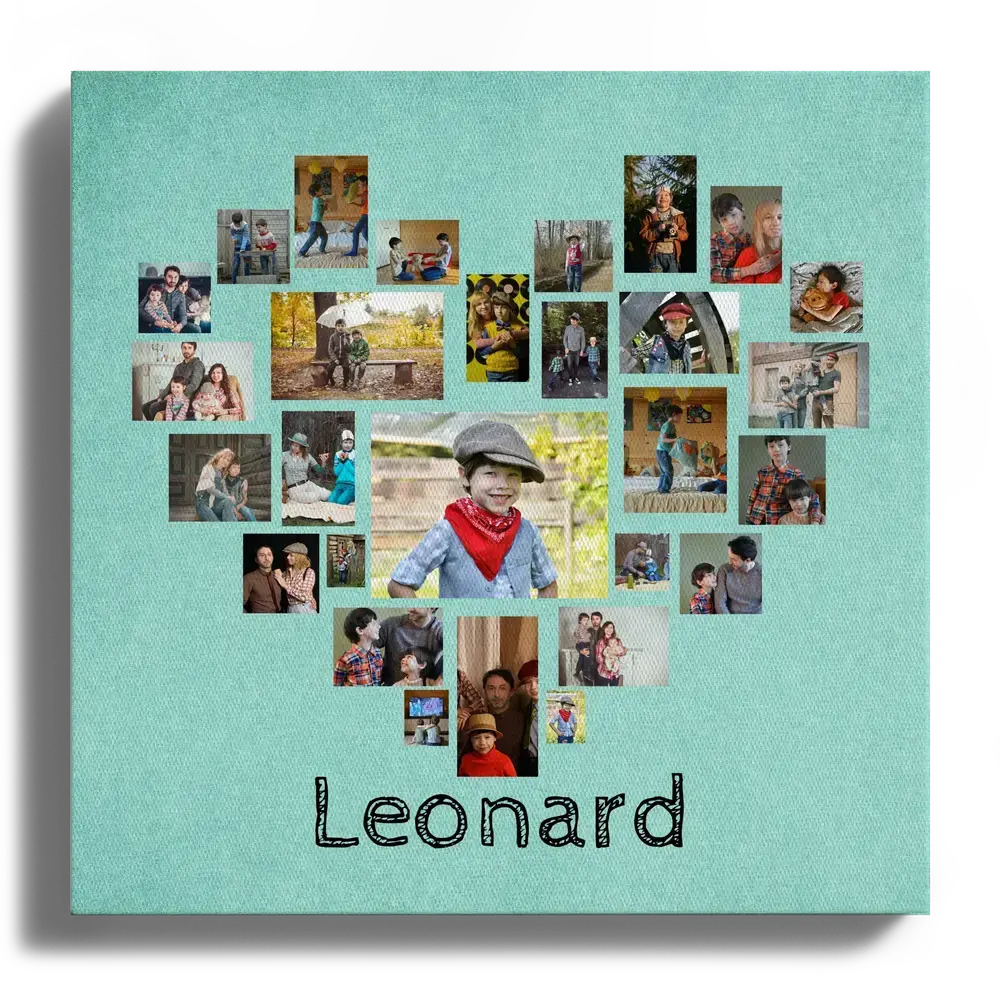 Pêle-mêle de photos d’enfant en forme de cœur sur toile, avec fond turquoise et prénom personnalisé