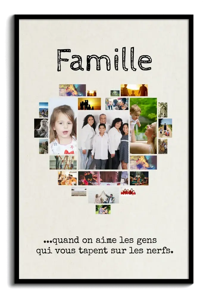 Pêle-mêle photo en cœur avec texte humoristique, encadré en noir, une idée cadeau pour toute la famille