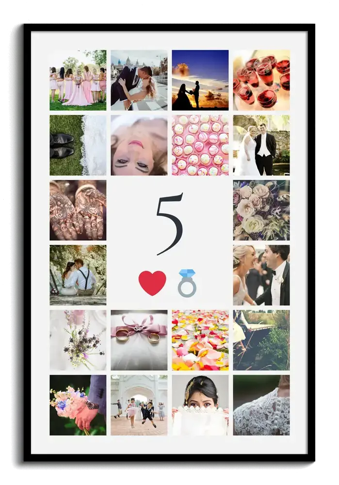 Collage photo en cadre noir avec un 5 central, un cœur et une bague, cadeau personnalisé pour 5 ans de mariage