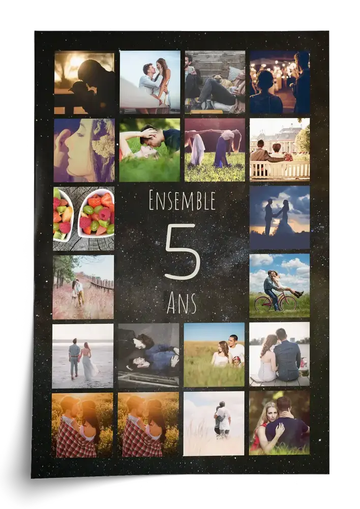 Affiche pêle-mêle sur fond noir, chiffre 5 au centre des photos, cadeau pour les 5 ans de mariage