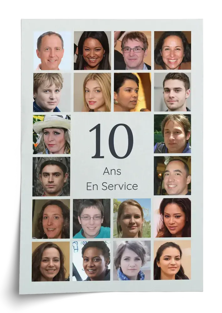 Poster photo sans cadre avec portraits de collègues autour d’un grand 10 sur fond clair pour un anniversaire professionnel