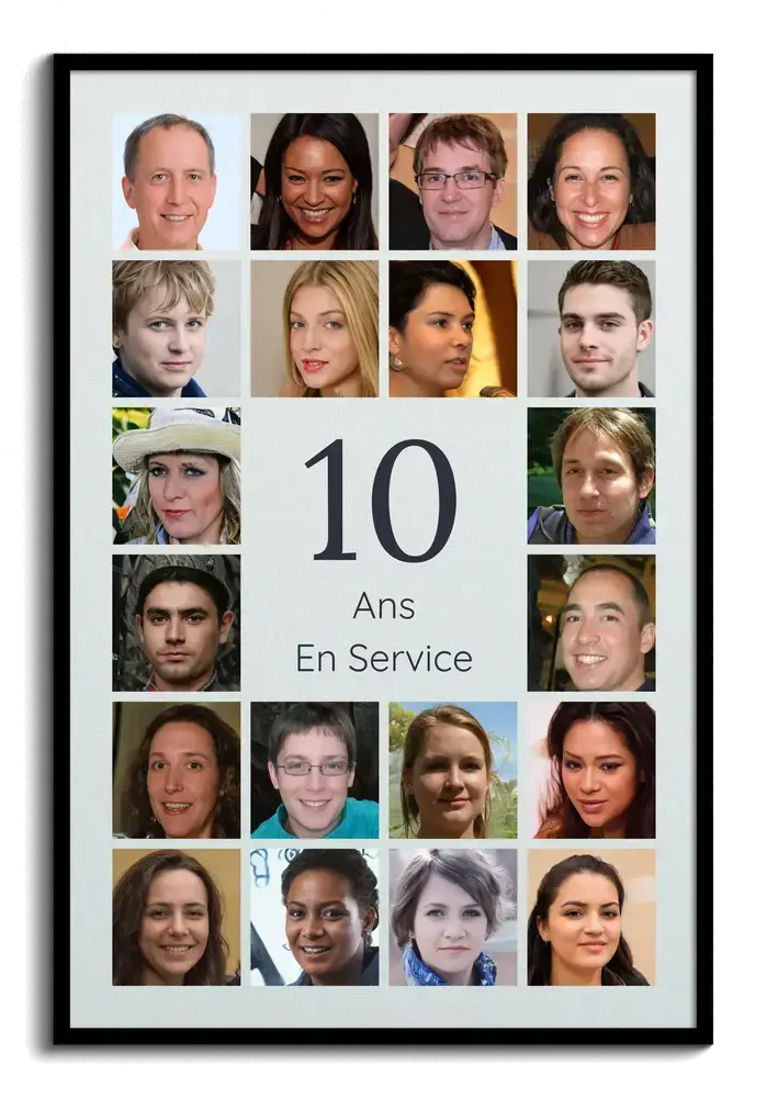 Collage photo encadré en noir, portraits de collègues autour du chiffre 10, cadeau pour 10 ans dans l’entreprise