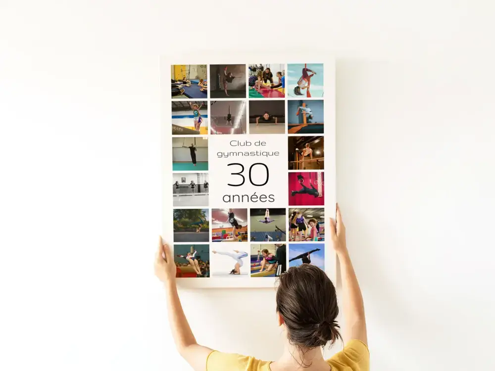Pêle-mêle photo avec un grand 30 au centre, sur un mur blanc, cadeau pour les 30 ans d’un club de gymnastique