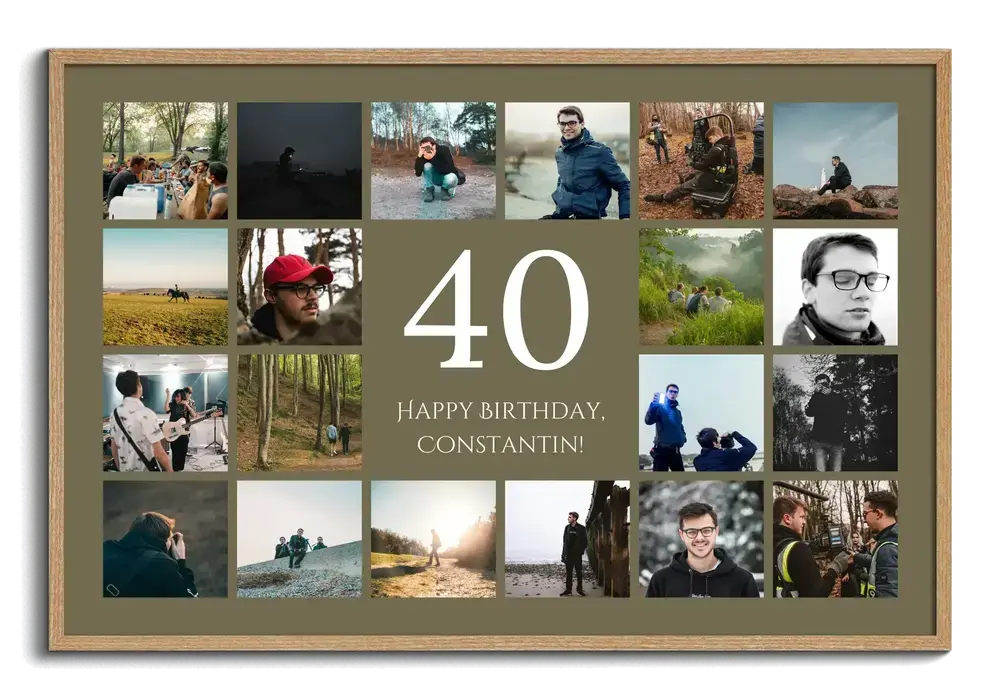 Pêle-mêle photo des 40 ans encadré en bois, avec photos de plein air autour d’un grand 40 sur fond vert olive