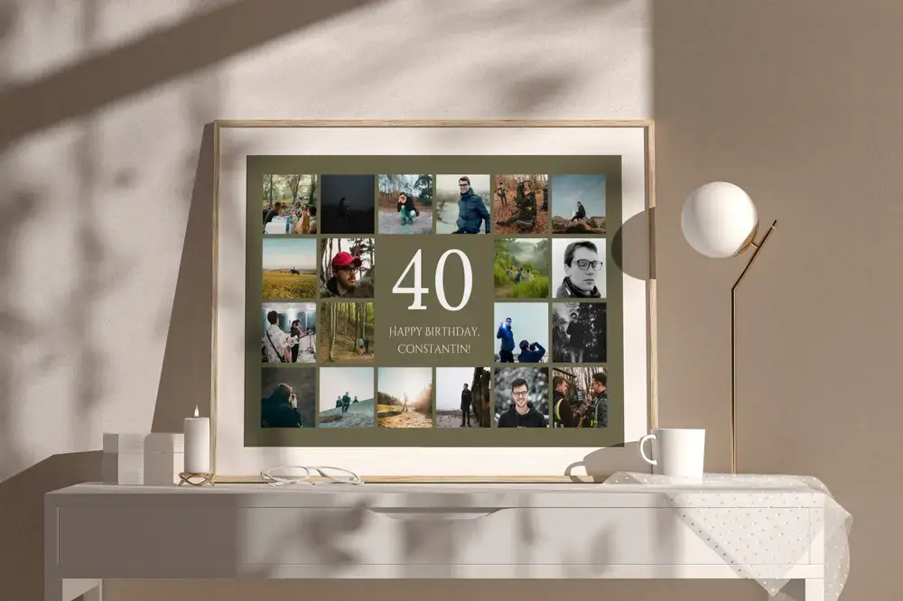 Pêle-mêle photo encadré avec un grand 40 et des photos de plein air sur fond olive, posé sur un buffet blanc