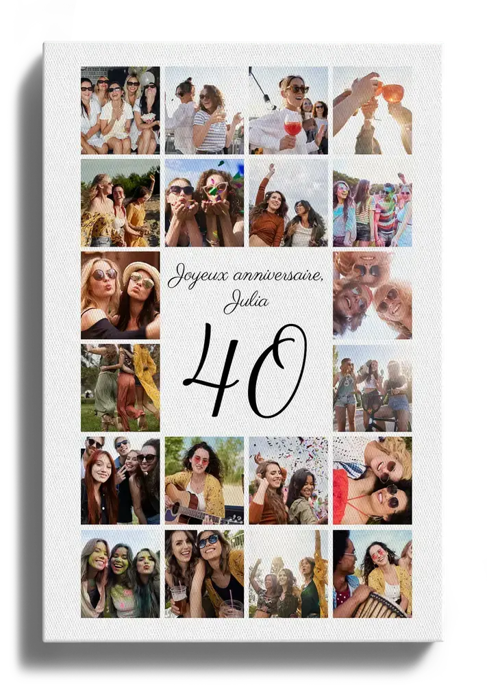Collage photo sur toile verticale, avec des amies autour du nombre 40 et un message d’anniversaire sur fond blanc