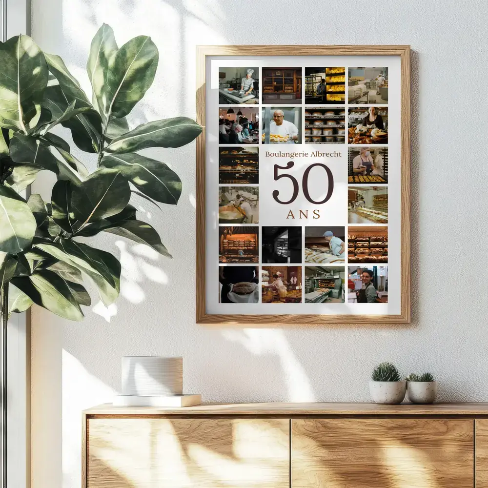 Collage photo encadré de bois, avec un grand 50 et des photos de boulangerie, cadeau pour un anniversaire d’entreprise