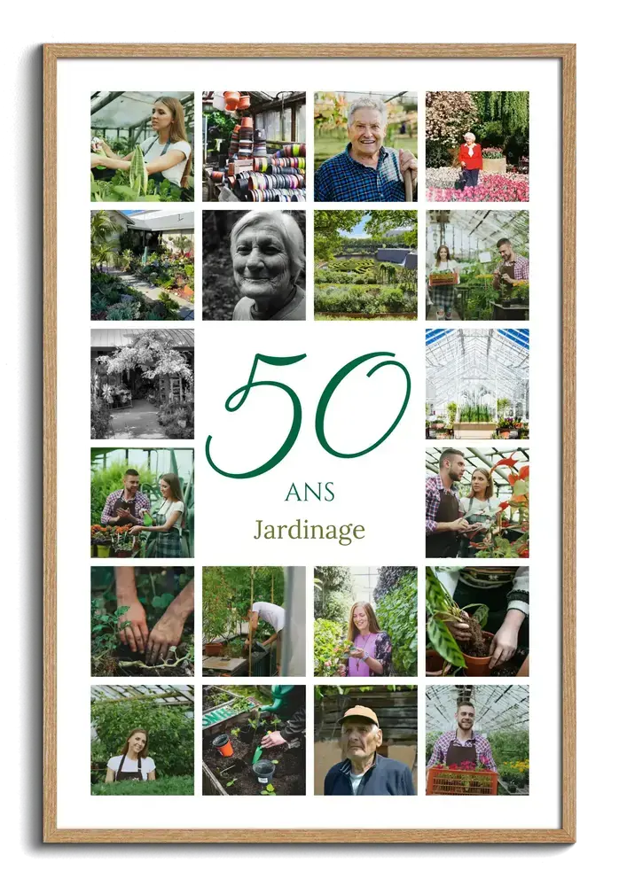 Collage photo encadré en bois, avec un 50 vert et des photos de jardinage, cadeau pour les 50 ans d’une entreprise