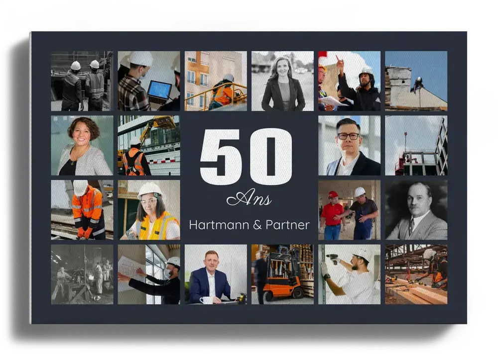 Collage photo sur toile gris foncé avec un grand 50 et des photos d’équipe, cadeau pour les 50 ans d’une entreprise