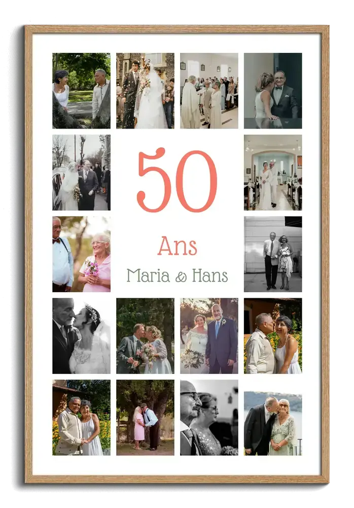 Pêle-mêle photo encadré en bois, avec un 50 corail entouré de photos de couple, cadeau pour les noces d’or