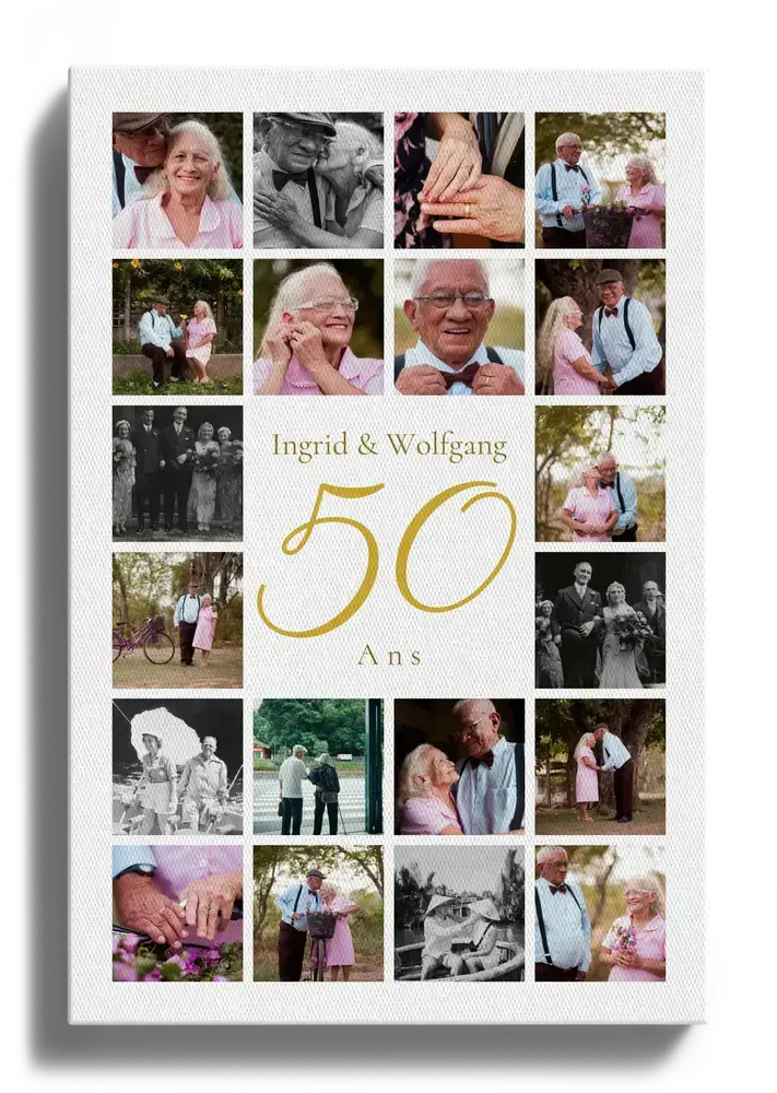 Pêle-mêle sur toile avec un 50 doré et des photos de couple tout autour, une idée cadeau pour les noces d’or