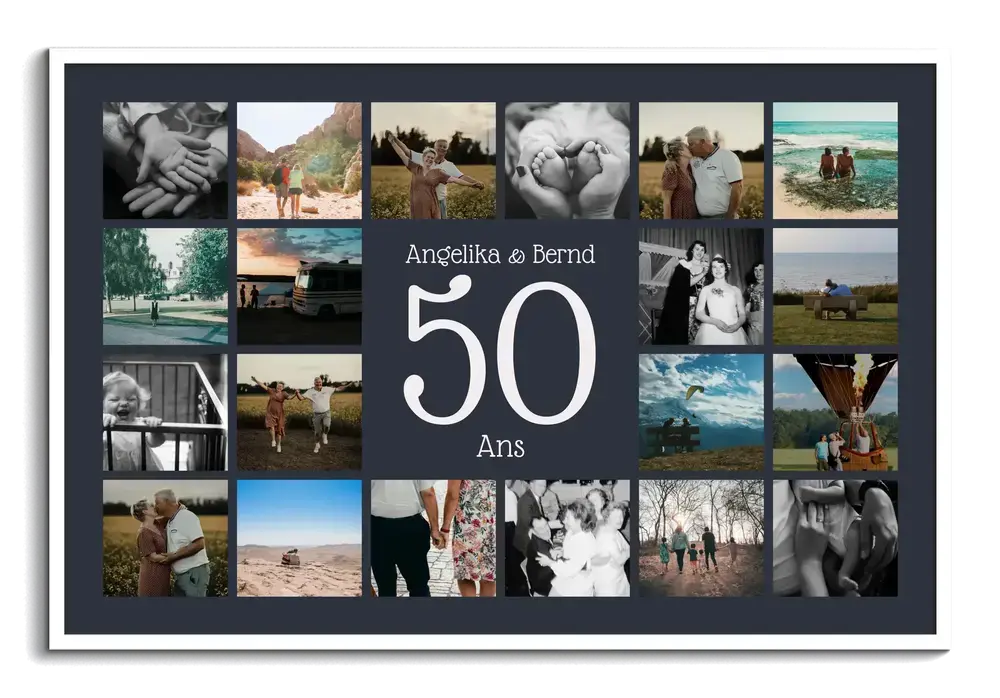 Pêle-mêle photo encadré de blanc, avec un grand 50 entouré de souvenirs, pour un cadeau de noces d’or