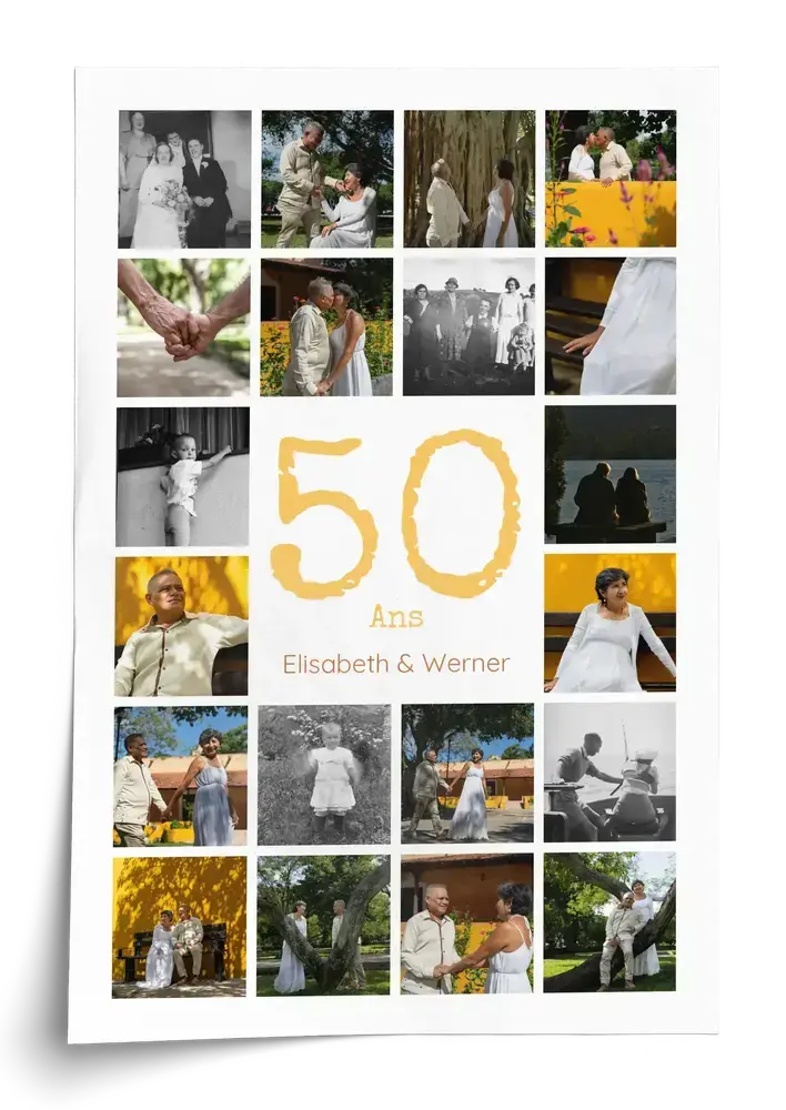 Affiche photo verticale pour les noces d’or, avec un 50 doré et des prénoms au centre d’une grille de photos de couple