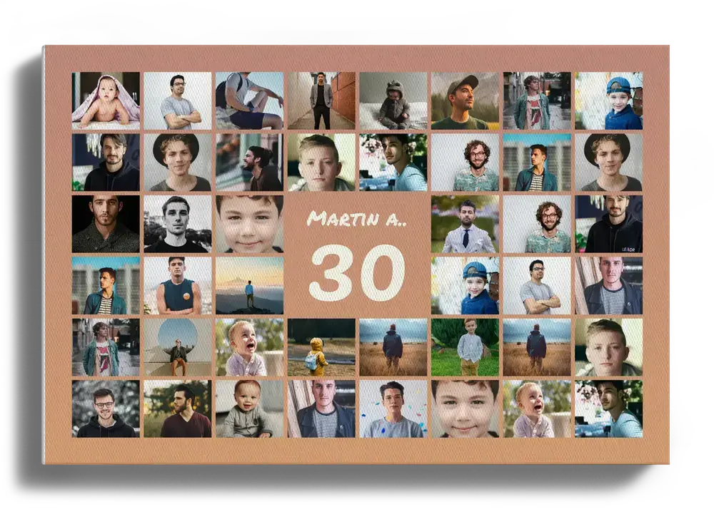 Collage photo sur toile avec un grand 30 entouré de photos sur fond saumon, cadeau pour un 30e anniversaire.
