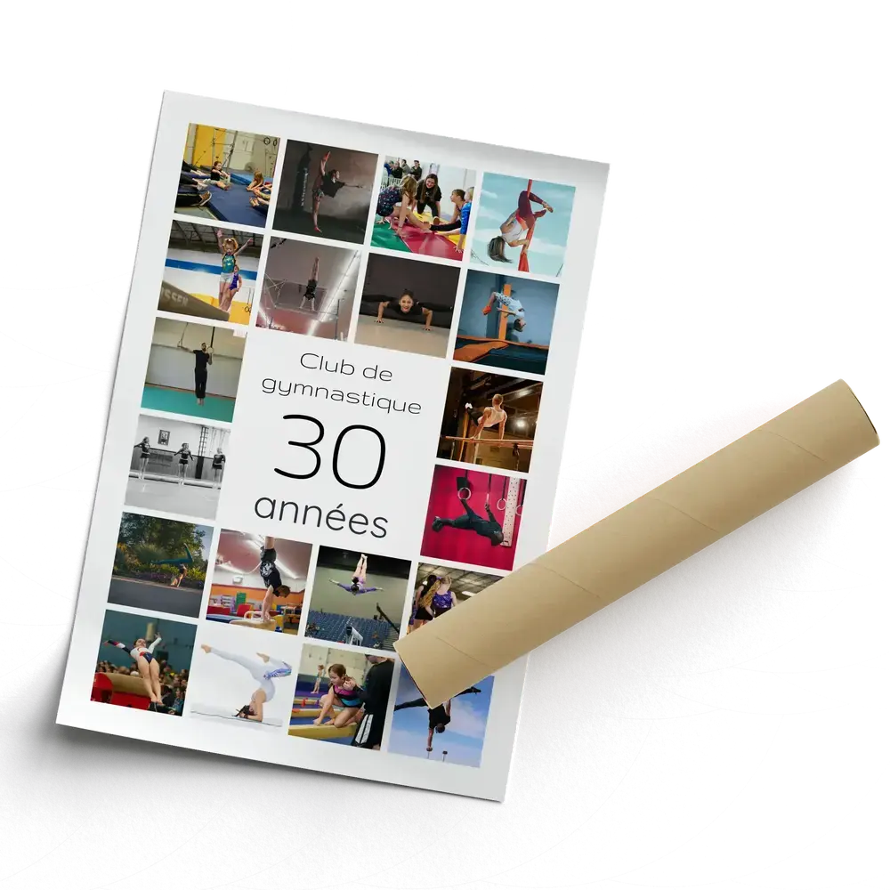 Poster pêle-mêle avec un grand 30 entouré de photos de gymnastique, cadeau pour les 30 ans d’un club