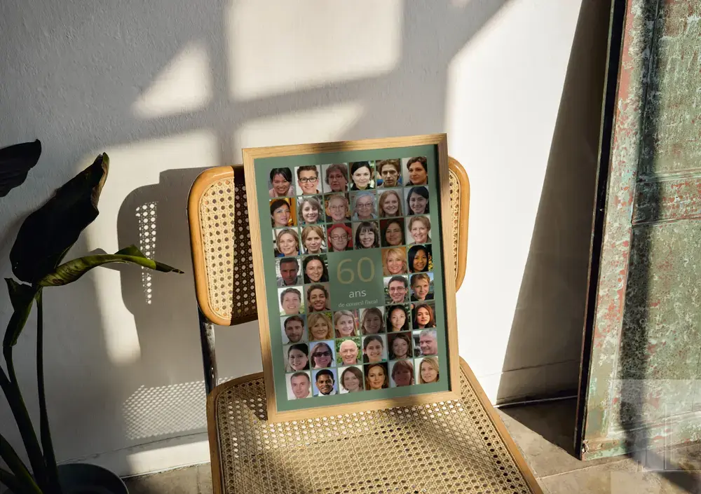 Collage photo encadré en bois avec un grand 60 entouré de portraits, posé sur une chaise cannée au soleil