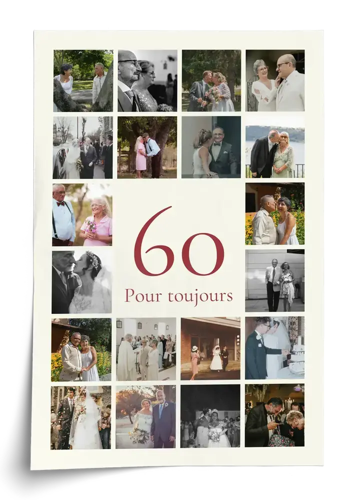 Affiche pêle-mêle photo avec un grand 60 rouge entouré de photos de couple, un cadeau pour les noces de diamant