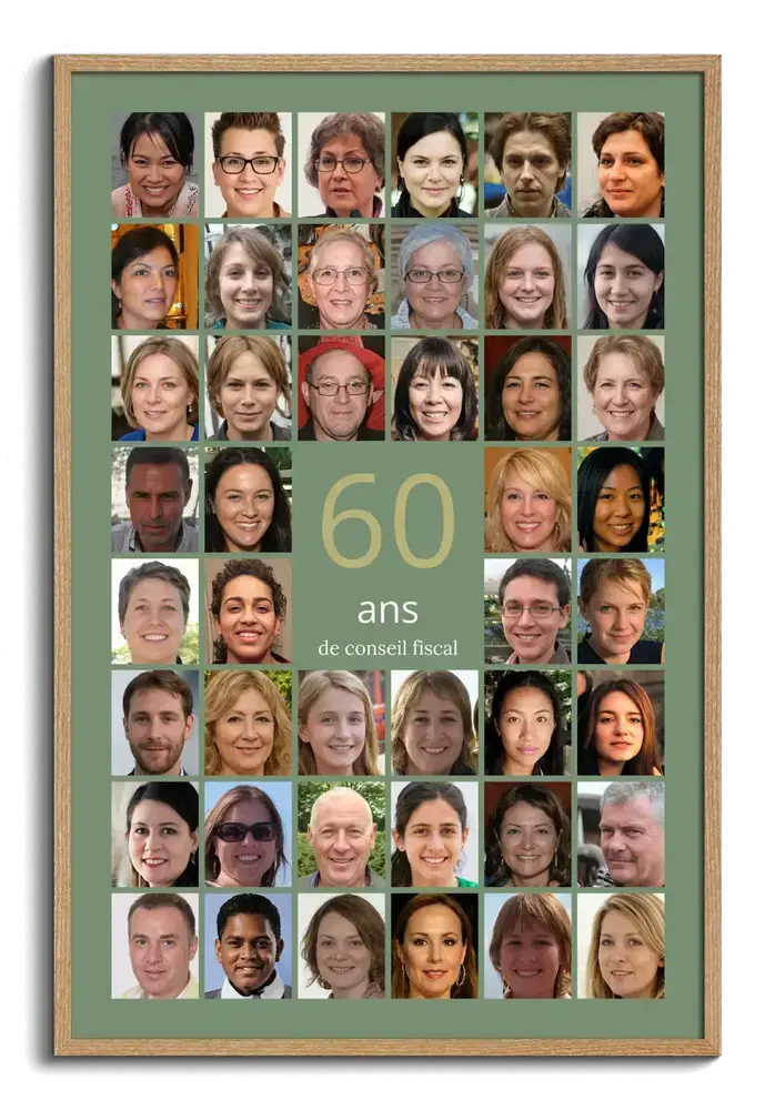 Collage photo avec un grand 60 au centre, encadré en bois, cadeau pour les 60 ans d’une entreprise