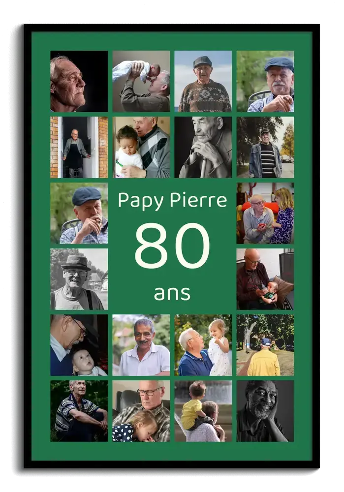 Collage photo vert avec un grand 80 et des photos de famille, encadré en noir, cadeau pour les 80 ans de papy