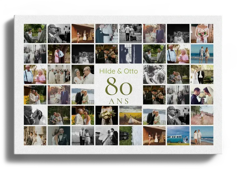 Collage photo sur toile au format paysage, avec un grand 80 au centre et des photos de couple en grille