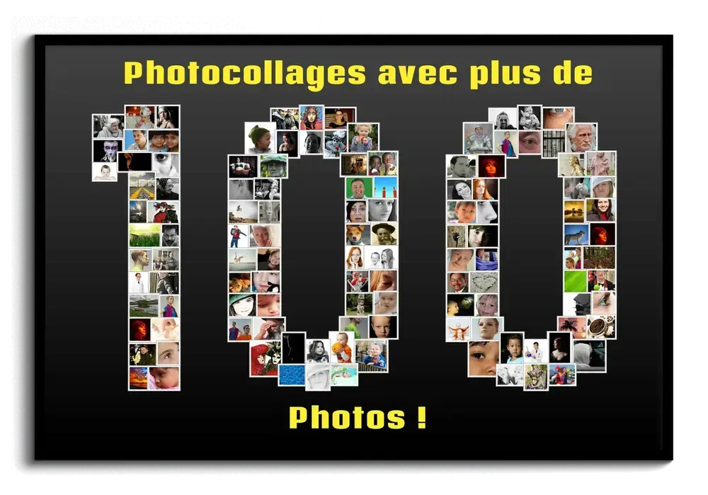 Tableau dans un cadre noir, avec plus de 100 photos formant le nombre 100 sur fond sombre et du texte jaune