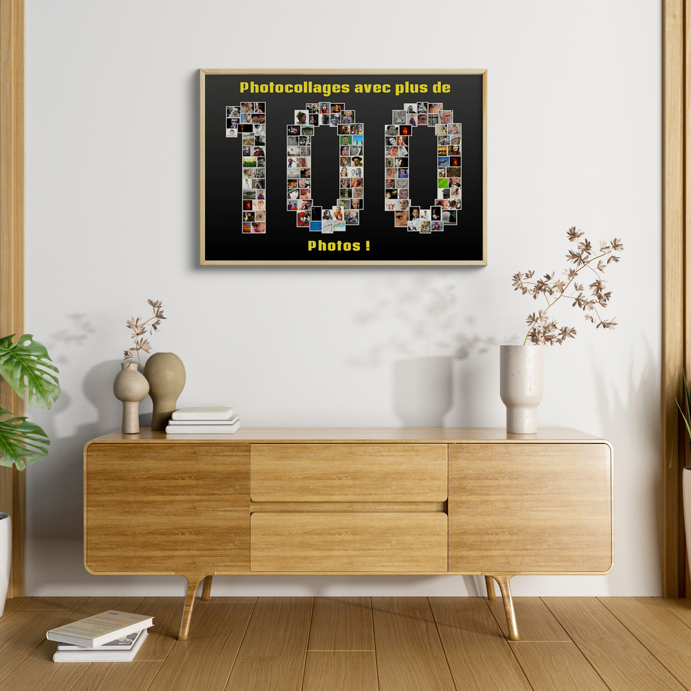 Pêle-mêle photo en forme de nombre 100 sur fond noir, encadré en bois clair au-dessus d’un buffet