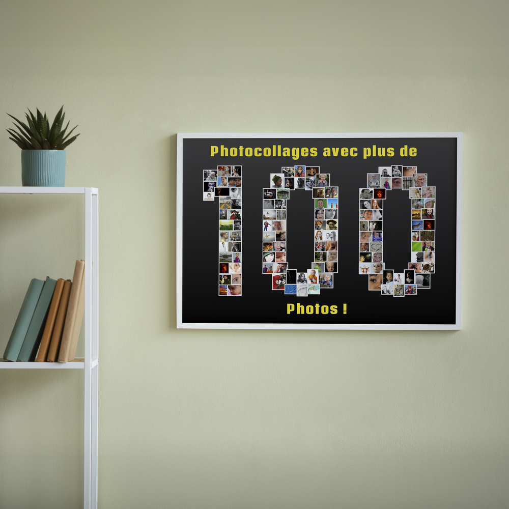 Tableau photo formant le nombre 100 sur fond noir, dans un cadre blanc sur un mur vert pâle près d’une étagère