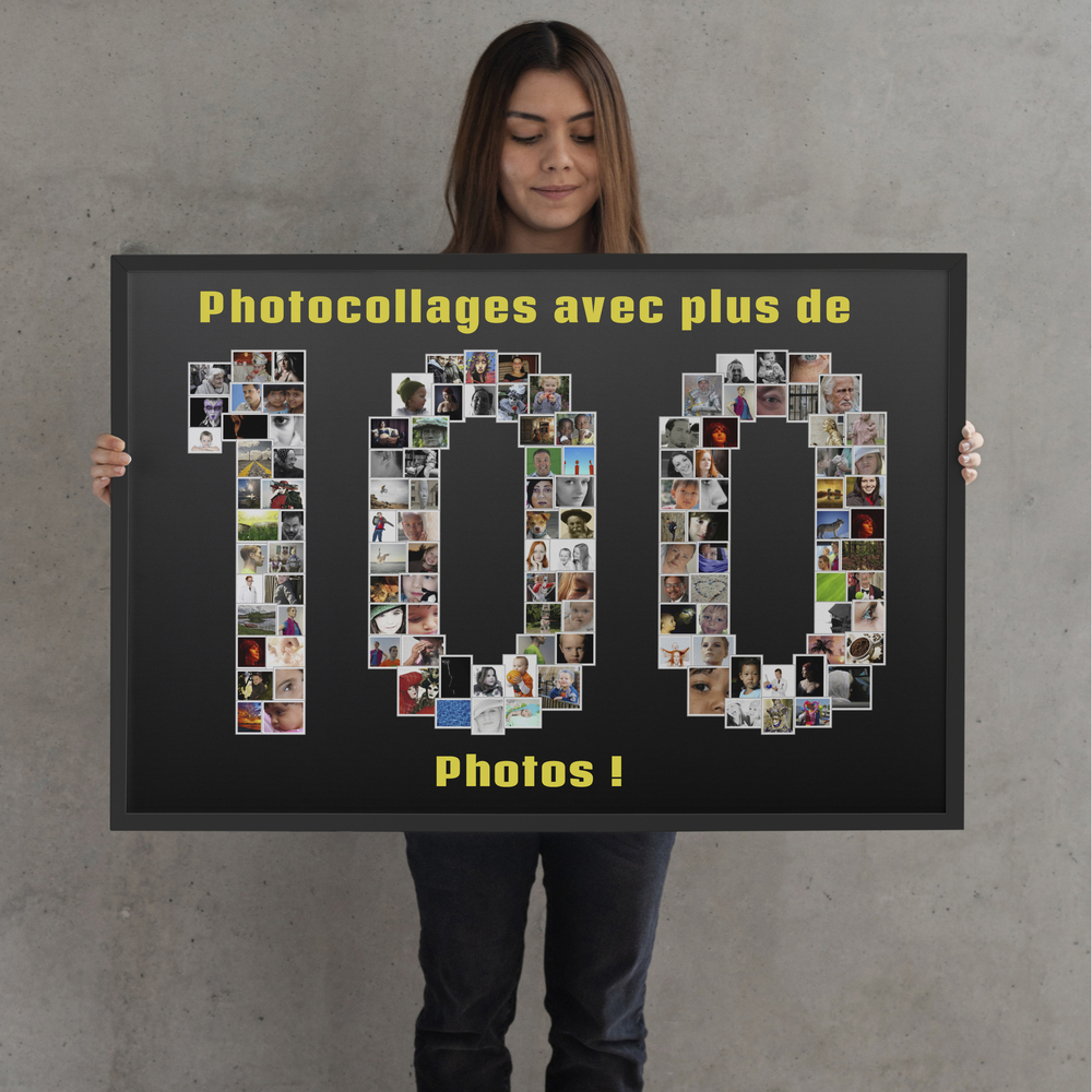 Grand pêle-mêle de plus de 100 photos formant le nombre 100, dans un cadre noir devant un mur en béton