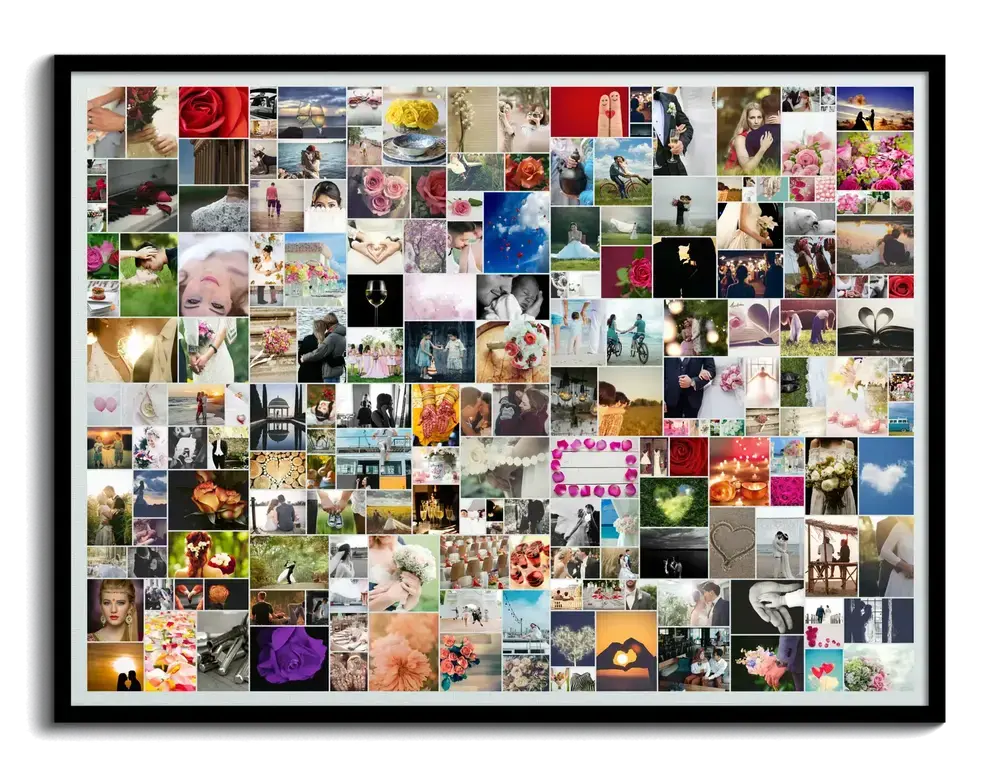 Collage de nombreuses photos dans un cadre noir, un cadeau de mariage personnalisé