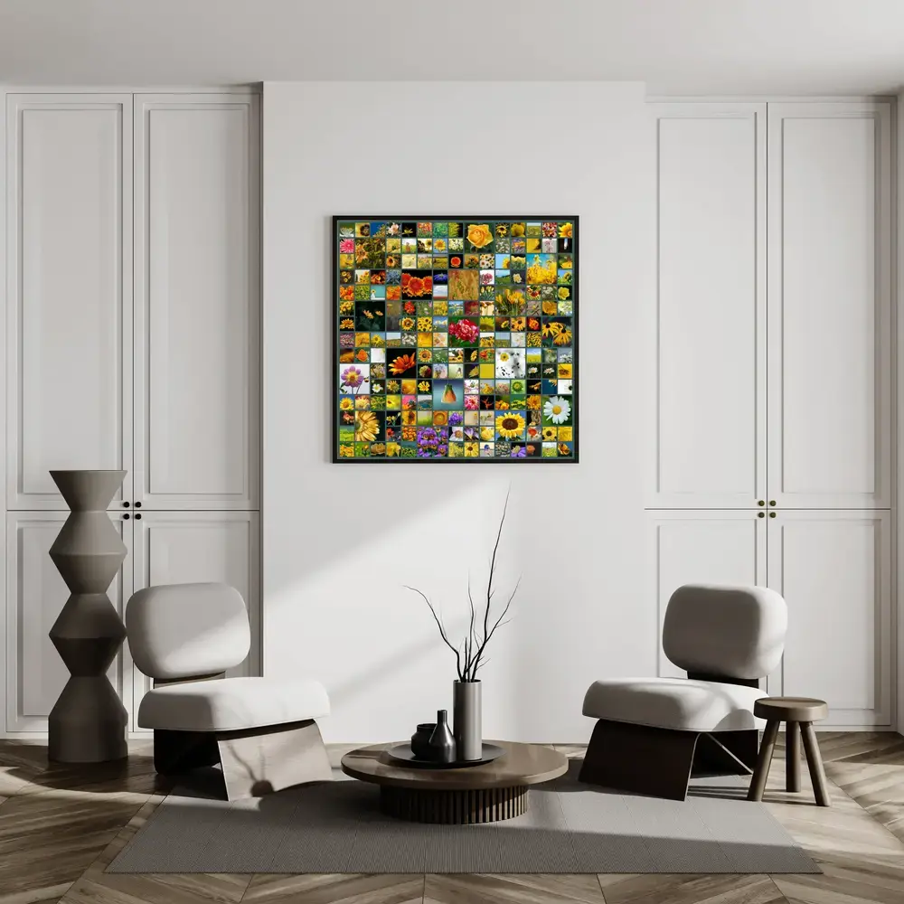 Pêle-mêle photo carré de nombreuses fleurs, encadré en noir au mur du salon au-dessus de deux fauteuils