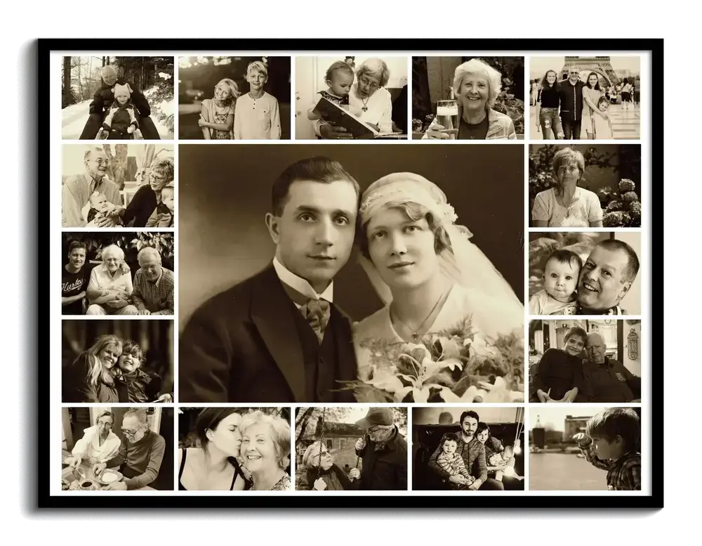 Collage photo hommage en sépia, avec grand portrait de mariage au centre et photos de famille, dans un cadre noir.