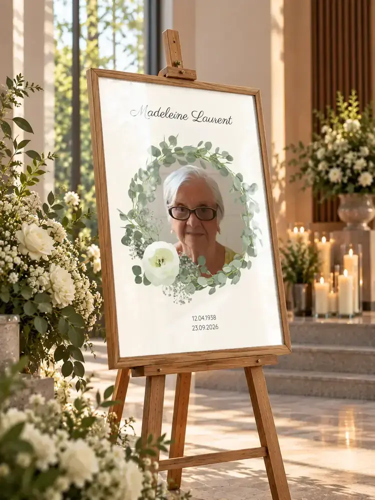 Portrait funéraire avec couronne d’eucalyptus, encadré en bois sur un chevalet dans une chapelle fleurie