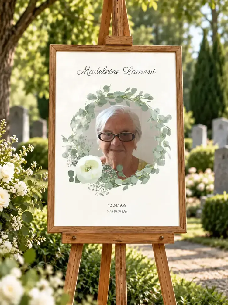 Portrait funéraire avec couronne de feuillage, encadré de bois et posé sur un chevalet au cimetière