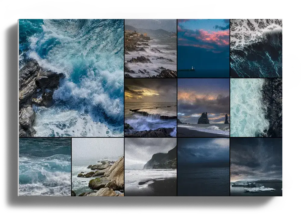 Pêle-mêle photo sur toile au format paysage, avec mer déchaînée, vagues turquoise et côtes rocheuses