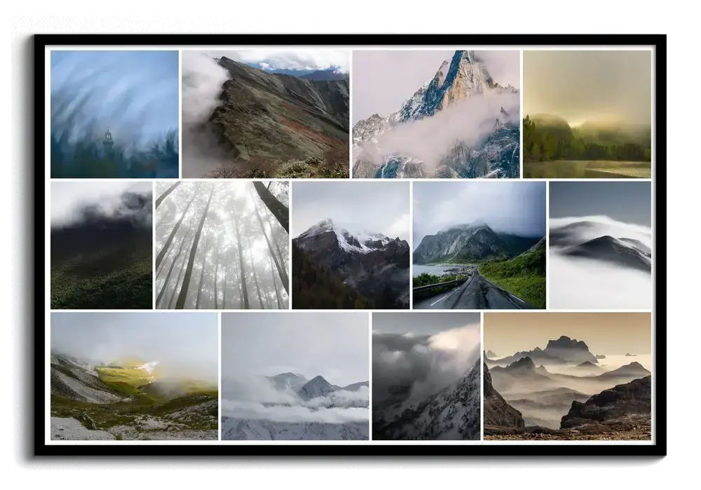 Pêle-mêle photo de montagnes brumeuses, forêt et route, dans un cadre noir pour les amoureux de la nature