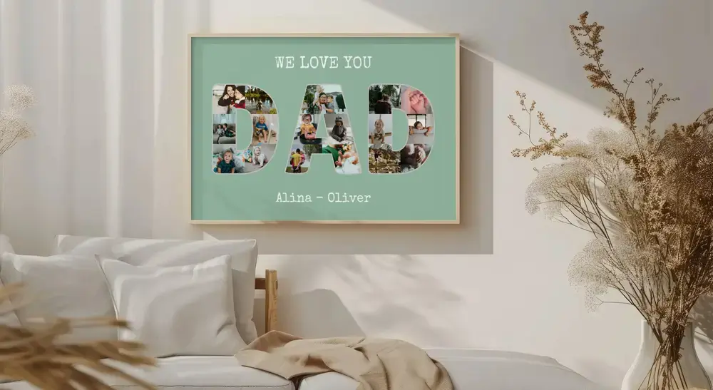 Collage photo en lettres avec prénoms, dans un cadre clair au-dessus du lit, une idée cadeau pour papa
