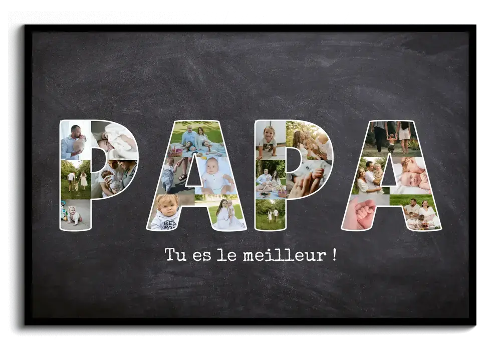 Pêle-mêle photo pour papa en grandes lettres remplies de photos, sur fond ardoise dans un cadre noir