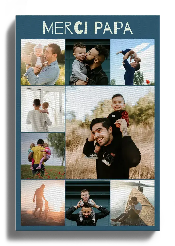 Pêle-mêle photo sur toile avec papas et enfants et message de remerciement, une idée cadeau pour la fête des Pères