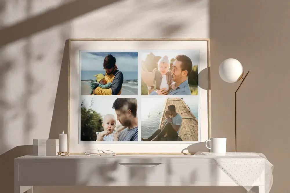 Collage de quatre photos père-enfant encadré sur un buffet ensoleillé, une idée cadeau pour la fête des Pères