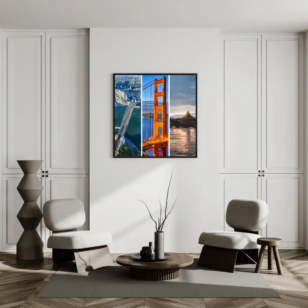 Collage de voyage avec trois vues de villes verticales et le Golden Gate Bridge au mur d’un salon lumineux